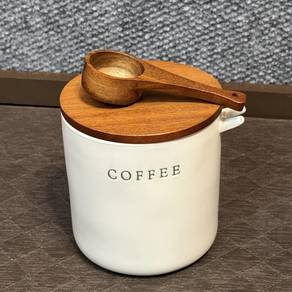 Hearth & Hand Magnolia Stoneware Coffee Canister With Wood Lid & Spoon Farmhouse
